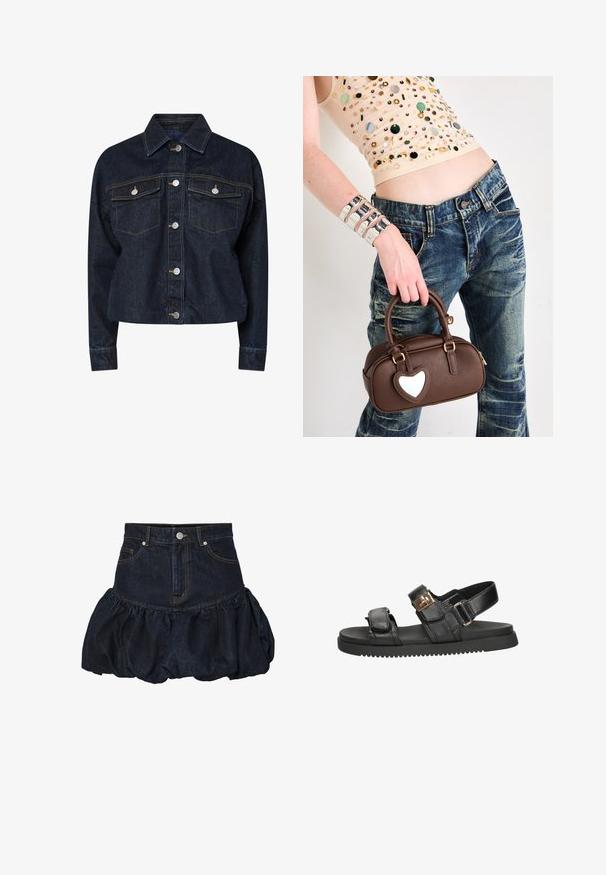 Giacca in denim scuro con colletto, caratterizzata da due tasche sul petto, bottoni a pressione argentati e cuciture gialle in contrasto. Silhouette corta.; Camicia bianca a maniche lunghe con colletto strutturato e cravatta nera, caratterizzata da una texture in cotone liscio e un design con bottone frontale.; Gonna in denim scuro con vita aderente e un fondo arricciato e gonfio. Presenta tasche frontali e chiusura con bottone in metallo.; Sandal in pelle nera caratterizzato da due cinghie regolabili con hardware dorato, una soletta imbottita e una suola in gomma nera testurizzata.; Borsa in pelle marrone con un accento a forma di cuore, design arrotondato, accessori in metallo dorato, tenuta da una mano; abbinata a jeans distressed e a una maglietta con perline.