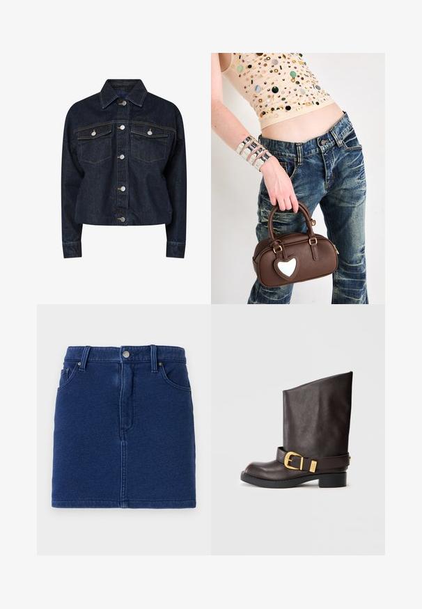 Tumši denima žakets ar apkakli, ar divām krūšu kabatām, sudraba snap pogām un kontrastējošām dzeltenām diegām. Saīsināta silueta.; Balta garā piedurkne krekls ar struktūru apkakli un melnu kaklasaiti, ar gludu kokvilnas struktūru un pogu aizdares dizainu.; Pamatu svārki dziļi zilā krāsā ar pieguļošu dizainu, priekšējo pogu aizdari un divām sānu kabatām. Iedarbīgas šuves un tiešs apakšmala.; Tumši brūni ādas zābaki līdz vidus teļam ar melnu zoli, zemu papēdi un dekoratīvu zelta sprādzi ap potīti, redzami no sāna.; Brahmas brūna ādas rokassoma ar sirds formas akcentu, noapaļota forma, zelta aparatūra, ko tur rokā; apvienota ar nodilušām džinsu biksēm un krellēm rotātu kreklu.