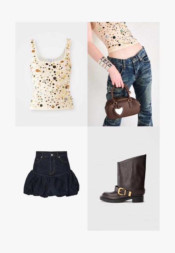 Tmavě modrá džínová bunda s límcem, obsahující dvě náprsní kapsy, stříbrné patentky a kontrastní žluté švy. Zkrácený silueta.; Ribovaná krémová tílko s vícebarevnými flitry, včetně zlatých, zelených a hnědých akcentů, s čtvercovým výstřihem a úzkými ramínky.; Tmavě modrá džínová sukně s přiléhavým pasem a nařaseným, vypouklým spodním lemem. Má přední kapsy a kovové zapínání na knoflík.; Tmavě hnědá kožená bota po lýtko s černou podrážkou, nízkým podpatkem a dekorativním zlatým páskem kolem kotníku, zobrazená z boku.; Hnědá kožená kabelka s akcentem ve tvaru srdce, kulatý design, zlaté kovové prvky, držena v ruce; kombinována s ošoupanými džíny a korálkovým topem.