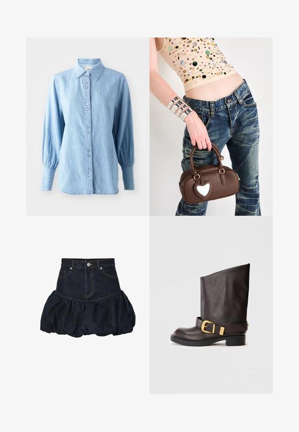 Jachetă din denim închis, cu guler, având două buzunare pe piept, butoane argentii tip snap și cusături contrastante galbene. Siluetă scurtă.; Cămașă din denim de culoare albastru deschis, cu guler, fixare cu nasturi pe față și mâneci lungi, puțin bufante. Prezintă o textură subtilă și nasturi asortați.; Un top alb off-the-shoulder cu accente volanate, textură pliată și talie elastică. Fabricat dintr-un material moale din bumbac.; Fustă din denim închis, cu talie ajustată și un volan pufos și strâns în partea de jos. Are buzunare frontale și sistem de închidere cu un buton metalic.; Cizme din piele maro închis, până la gamă, cu talpă neagră, toc mic și curea decorativă aurie în jurul gleznei, prezentate din lateral.; Geantă din piele maro, cu un accent în formă de inimă, design rotunjit, accesorii din aur, ținută în mână; asortată cu blugi deteriorați și un top cu mărgele.