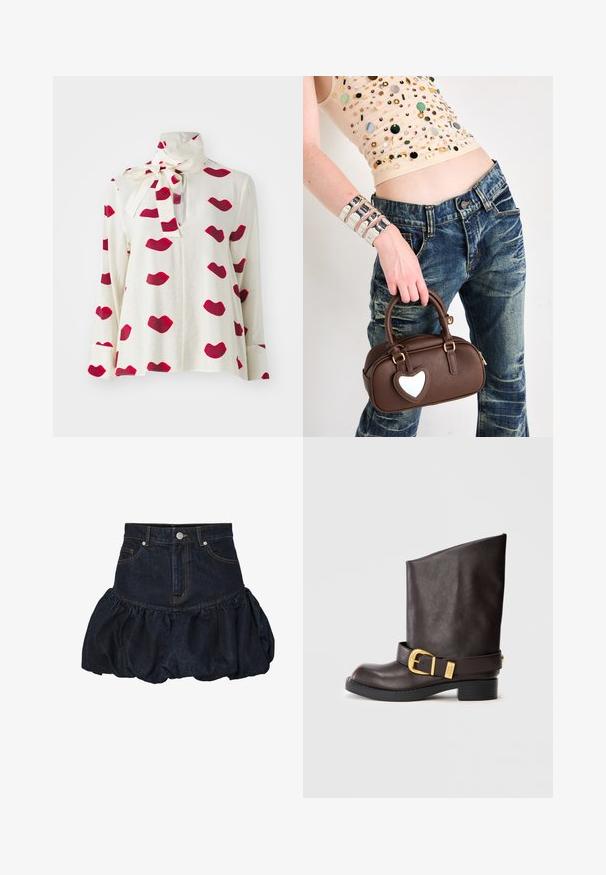 Tmavě modrá džínová bunda s límcem, obsahující dvě náprsní kapsy, stříbrné patentky a kontrastní žluté švy. Zkrácený silueta.; Bílá dlouhá blůza s vysokým límcem a mašlí. Má červený potisk rtů po celé tkanině. Lehká, hladká textura.; Tmavě modrá džínová sukně s přiléhavým pasem a nařaseným, vypouklým spodním lemem. Má přední kapsy a kovové zapínání na knoflík.; Tmavě hnědá kožená bota po lýtko s černou podrážkou, nízkým podpatkem a dekorativním zlatým páskem kolem kotníku, zobrazená z boku.; Hnědá kožená kabelka s akcentem ve tvaru srdce, kulatý design, zlaté kovové prvky, držena v ruce; kombinována s ošoupanými džíny a korálkovým topem.