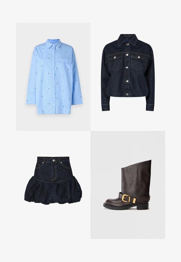 Tmavě modrá džínová bunda s límcem, obsahující dvě náprsní kapsy, stříbrné patentky a kontrastní žluté švy. Zkrácený silueta.; Modrá pruhovaná košile s dlouhými rukávy, která má zapínání na knoflíky vpředu, náprsní kapsu a rozptýlené černé geometrické vzory.; Tmavě modrá džínová sukně s přiléhavým pasem a nařaseným, vypouklým spodním lemem. Má přední kapsy a kovové zapínání na knoflík.; Tmavě hnědá kožená bota po lýtko s černou podrážkou, nízkým podpatkem a dekorativním zlatým páskem kolem kotníku, zobrazená z boku.