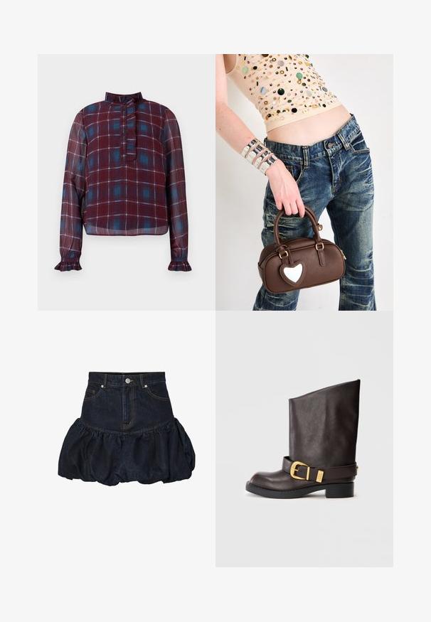 Jaqueta de ganga escura com colarinho, apresentando dois bolsos no peito, botões de pressão prateados e costura amarela em contraste. Silhueta curta.; Blusa de manga longa em xadrez borgonha e azul, com gola alta franzida, pala com botões e punhos franzidos.; Saia de ganga escura com cintura ajustada e um fundo plissado e volumoso. Apresenta bolsos frontais e fecho com botão de metal.; Bota de couro castanha escura até ao meio da panturrilha, com sola preta, salto baixo e tira decorativa com fivela dourada à volta do tornozelo, apresentada de lado.; Saco de mão de couro castanho com um detalhe em forma de coração, design arredondado, ferragens douradas, segurado por uma mão; combinado com um denim desgastado e um top com contas.