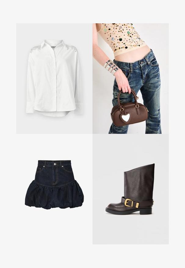 Giacca in denim scuro con colletto, caratterizzata da due tasche sul petto, bottoni a pressione argentati e cuciture gialle in contrasto. Silhouette corta.; Camicia bianca con colletto strutturato, maniche lunghe e dettagli decorativi sulle spalle. Presenta una vestibilità rilassata e una texture liscia.; Gonna in denim scuro con vita aderente e un fondo arricciato e gonfio. Presenta tasche frontali e chiusura con bottone in metallo.; Stivale in pelle marrone scuro a metà polpaccio con suola nera, tacco basso e cinturino decorativo in oro attorno alla caviglia, visto di lato.; Borsa in pelle marrone con un accento a forma di cuore, design arrotondato, accessori in metallo dorato, tenuta da una mano; abbinata a jeans distressed e a una maglietta con perline.