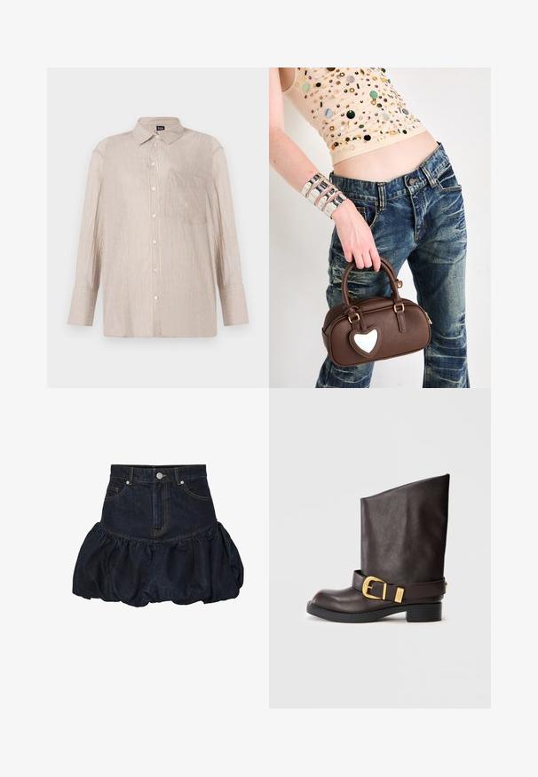 Mörk denimjacka med krage, som har två bröstfickor, silverfärgade tryckknappar och kontrasterande gula sömmar. Kortad siluett.; Randig skjorta i beige med vita och blå linjer, med krage och bröstficka; långa ärmar med knappslut.; Mörk denimkjol med hög midja och en rynkad, puffig volangkant. Har framfickor och knäppning med metallknapp.; Mörkbrun läderboots till mitten av vaden med svart sula, låg klack och dekorativt guldspänne runt vristen, visad från sidan.; Brun läderhandväska med ett hjärtformat ornament, rund design, guldfärgade detaljer, hålls av en hand; kombinerad med slitna denim och en pärlad topp.