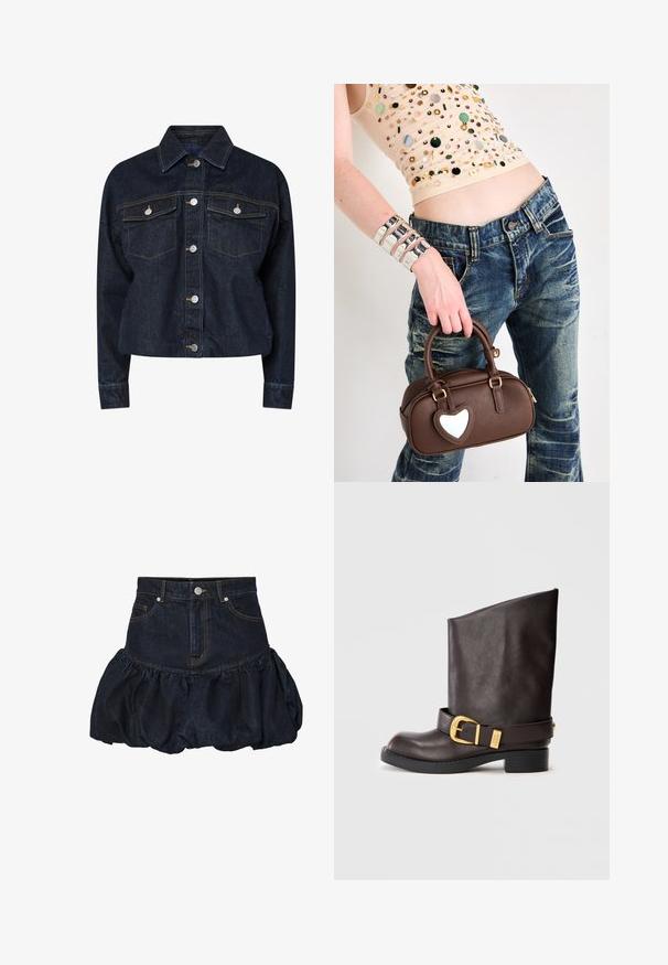 Dark denim jacket with a collar, featuring two chest pockets, silver snap buttons, and contrasting yellow stitching. Cropped silhouette.; White off-the-shoulder top with ruffled accents, gathered texture, and an elasticized waistband. Made from soft cotton fabric.; Dark denim skirt with a fitted waist and a gathered, puffy ruffled bottom. Features front pockets and a metal button closure.; Dark brown mid-calf leather boot with black sole, low heel, and decorative gold buckle strap around the ankle, shown from the side.; Brown leather handbag with a heart-shaped accent, rounded design, gold hardware, held by a hand; paired with distressed denim and a beaded top.