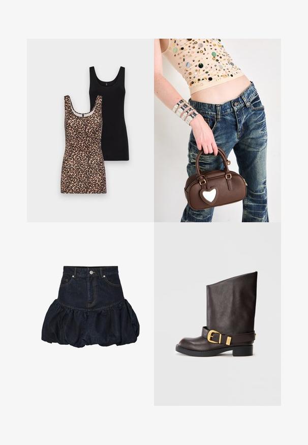 Tumedast denimist jakk, millel on krae, kaks rinna-taskut, hõbedased nööbid ja vastandlikud kollased õmblused. Lühendatud siluett.; Kaks tanki-särki: üks leopardimustriga ja ümmarguse kaelusega ning teine ühtlase musta värvusega, mõlemad valmistatud pehmest puuvillast kangast, sleeveless disainiga.; Tume teksaskuus, millel on sobiv vöökoht ja kogutud, paksus äär. Omab esip pockets ja metallist nupuga sulgemist.; Tumedad pruun nahast keskmise säärega saapad musta tallaga, madala kontsaga ja dekoratiivse kuldse nööri ümber pahkluu, esitatud külgvaates.; Pruunist nahast käekott südamekujulise aktsentiga, ümmargune disain, kuldne riistvara, hoitud käes; sobitatud kulunud denimi ja pärlitest topiga.