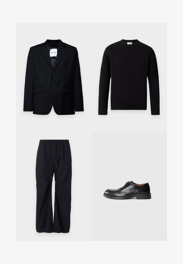 Blazer preto risca de giz feito de tecido suave, apresentando lapela de bico, fecho de dois botões e dois bolsos frontais. O interior tem um forro suave.; Sweater preto de mangas longas com decote arredondado, feito de um tecido macio. Apresenta um bolso no peito esquerdo e uma bainha reta com detalhes de textura mínimos.; Calças pretas, largas e soltas, feitas de um tecido leve, com uma cintura elástica com cordão e punhos franzidos nos tornozelos.; Sapato de pele preto com bico arredondado, superfície lisa, detalhes de atacadores e sola de borracha texturizada e baixa. Linhas limpas e design minimalista.