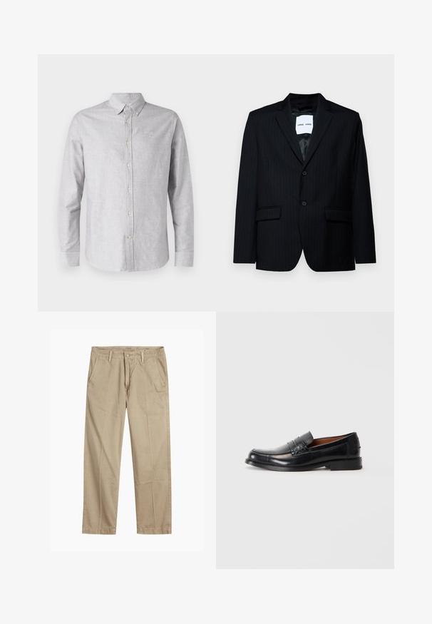 Blazer preto risca de giz feito de tecido suave, apresentando lapela de bico, fecho de dois botões e dois bolsos frontais. O interior tem um forro suave.; Camisa cinza-claro de botão em um tecido suave, com colarinho, mangas longas e um pequeno logótipo bordado no peito.; Chinos bege de perna reta com passantes para cinto, fecho frontal com botão e fecho de correr, e bolsos frontais inclinados.; Mocassim de couro preto com bico arredondado, detalhe de costura elevada no vamp, e um salto baixo empilhado. Textura suave e design formal.