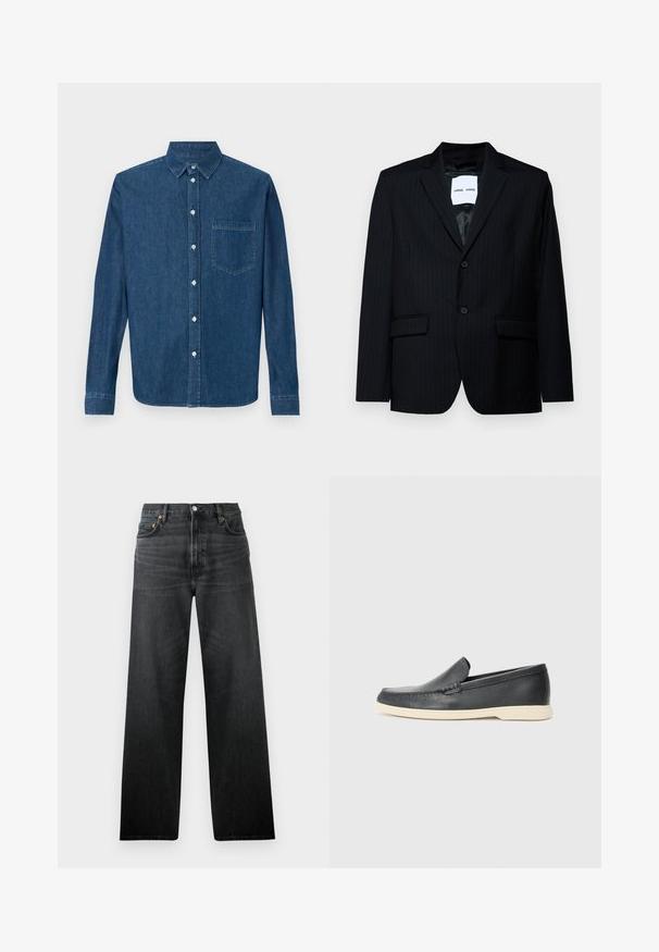 Melns svītrains bleizeris, izgatavots no gludas auduma, ar noti lapeli, divu pogu aizdari un divām priekšējām kabatām. Iekšpusē ir gluda oderējuma.; Tumši zils džinsu krekls ar garām piedurknēm, ar pogu aizdari priekšā, apkakli un vienu krūšu kabatu. Tam ir gluda tekstūra un standarta piegriezums.; Melnu džinsu ar taisnā kāju dizainu, aprīkoti ar piecām kabatām un pogu aizdari. Audumam ir neliela spīduma un redzama tekstūra.; Melni ādas kurpes, kas valkājas uz slip-on principa, ar teksturētu apdari un kontrastējošu beigu gumijas zoli. Iespējama smalka apdare priekšpusē.