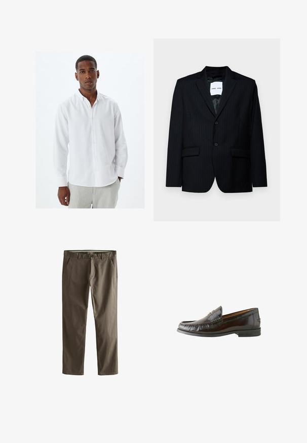 Blazer nero a righe sottili realizzato in tessuto morbido, dotato di revers a punta, chiusura a due bottoni e due tasche frontali. L'interno è foderato in modo liscio.; Camicia bianca a maniche lunghe con colletto, caratterizzata da una texture del tessuto liscia e una tradizionale pattina dei bottoni. Indossata con pantaloni grigi chiari.; Chino in cotone marrone con design a gamba dritta, tasche frontali e chiusura con bottone. Presentano una consistenza liscia e linee pulite.; Mocassini in pelle marrone con finitura liscia, dettagli cuciti, tacco basso e punta arrotondata. La suola è in gomma nera per una migliore aderenza.