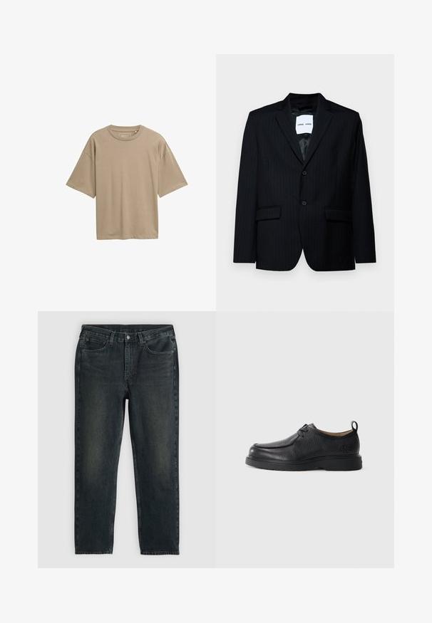 Fekete csíkos zakó sima anyagból, amelynek jellegzetes hajtóka, két gombos záródása és két elülső zsebe van. A bélés sima.; Beige, rövid ujjú póló laza szabással, kerek nyakkivágással és sima textúrával. Nincsenek látható minták vagy fém részletek.; Sötétkék farmernadrág, egyenes fazonnal, ött zsebbel, cipzáras sliccel és kontrasztos varrással. A szövet enyhe kopása.; Fekete bőrcipő sima felülettel, lekerekített orral, diszkrét varrásokkal, fűzős kialakítással és textúrázott hátsó húzófüllel.