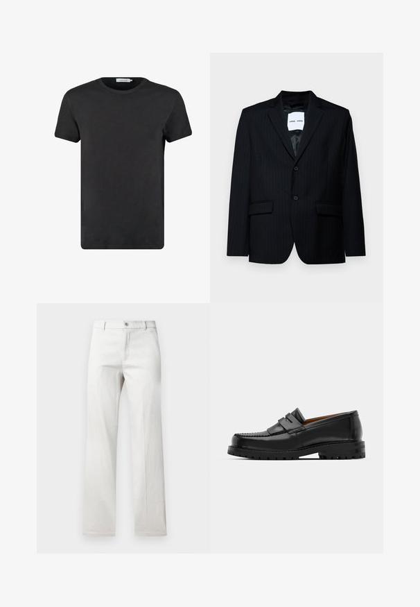 Czarna marynarka w prążki wykonana z gładkiego materiału, z wyłogowym kołnierzem, zapięciem na dwa guziki i dwiema przednimi kieszeniami. Wnętrze ma gładką podszewkę.; Czarna bawełniana koszulka z okrągłym dekoltem i krótkimi rękawami. Materiał ma gładką fakturę i nie posiada wzorów ani akcentów. Regularny krój.; Jasnoszare spodnie o prostym kroju nogawki, wykonane z gładkiego materiału, z zapięciem na przedni guzik i bocznymi kieszeniami.; Czarne skórzane mokasyny mają wyraźny szew, dwa dekoracyjne paski na górze oraz grubą, teksturowaną podeszwę dla lepszej przyczepności.