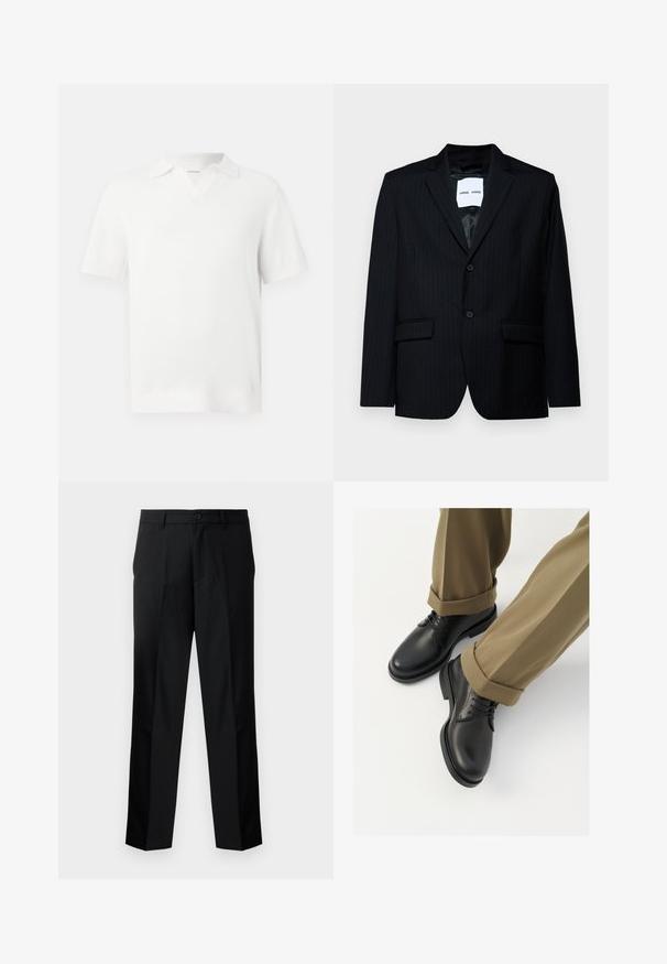 Fekete csíkos zakó sima anyagból, amelynek jellegzetes hajtóka, két gombos záródása és két elülső zsebe van. A bélés sima.; Fehér, rövid ujjú polo póló, texturált kötött mintával, V nyakkal és bordázott mandzsettákkal a feszes megjelenésért.; Fekete, egyszínű, egyenes szabású nadrág, gombos záródással, cipzáros sliccel és övbelövőkkel. Simább anyag, oldalzsebekkel.; Fekete bőröntyös cipők sima felülettel, fűzővel és kerek orral, feltekerhető khaki nadrággal párosítva.