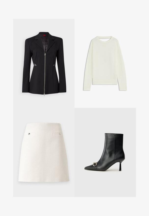 Schwarze Blazer mit scharfem Kragen, Frontreißverschluss, tailliertem Design und seitlichen Mesh-Akzenten. Glattes Material mit einem subtilen Innenmuster.; Hellbeige Pullover mit Rundhalsausschnitt, langen Ärmeln, geripptem Saum und weicher Textur. Keine Muster oder sichtbaren Hardware-Details.; Weißer Tweedrock mit glatter Textur, der eine taillierte Taille, zwei Gesäßtaschen und silberne Akzente an den Tascheneingängen aufweist.; Schwarze Leder-Stiefelette mit spitzer Zehe, schlankem, mittelhohem Absatz und silberner Schnalle seitlich vor einem schlichten Hintergrund.