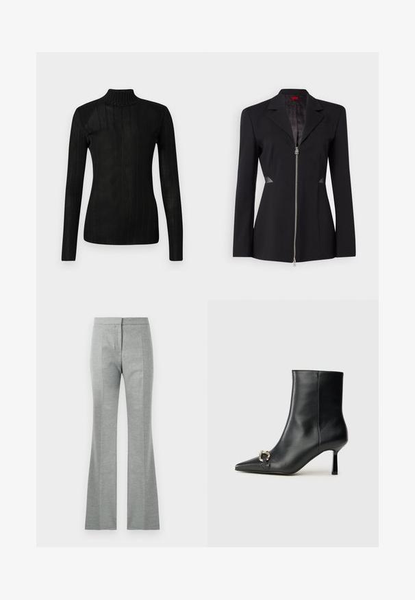 Czarna marynarka z ostrym kołnierzem, zamkiem błyskawicznym z przodu, dopasowanym krojem i siateczkowymi wstawkami po bokach. Gładka tkanina z subtelnym wewnętrznym wzorem.; Czarny sweter z golfem, z długimi rękawami, żebrowanym wzorem, lekkim splotem i dopasowanym krojem. Brak widocznych logo czy wzorów.; Szare rozszerzane spodnie z pionowymi szwami, wykonane z miękkiego, teksturowanego materiału. Posiadają dopasowany pas i gładkie wykończenie.; Czarny skórzany botek za kostkę z szpiczastym noskiem, smukłym średnim obcasem i srebrnym zapięciem po boku na jednolitym tle.