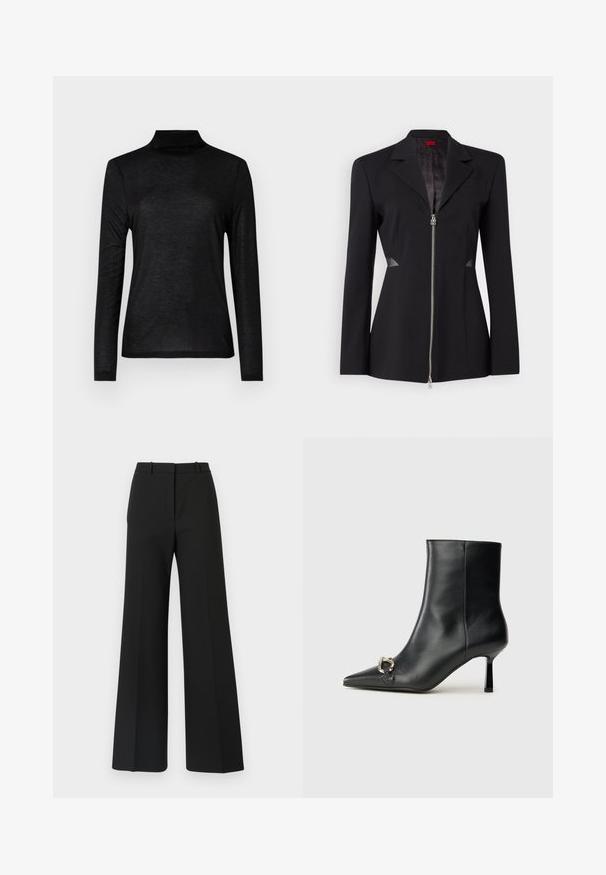 Musta bleiseri terävän kauluksen, etuvetoketjun, istuvan muotoilun ja verkkokankaisia sivuyksityiskohtia. Sujuva kangas, jossa on hienovarainen sisäkuvio.; Musta pitkähihainen poolopaita, joka on valmistettu sileästä ja kevyestä kankaasta. Ominaisuuksiin kuuluu tiukka muotoilu, korkea pääntie ja ilman kuvioita.; Mustat leveälahkeiset housut, joissa on räätälöity muotoilu, hieno rakenne ja huomaamattomat laskokset edessä. Ei näkyvää metallia tai kuvioita.; Musta nahkasaapas nilkkapituisilla, terävillä kärjillä, hoikalla keskipituisella korolla ja hopeavöillä sivussa yksinkertaista taustaa vasten.