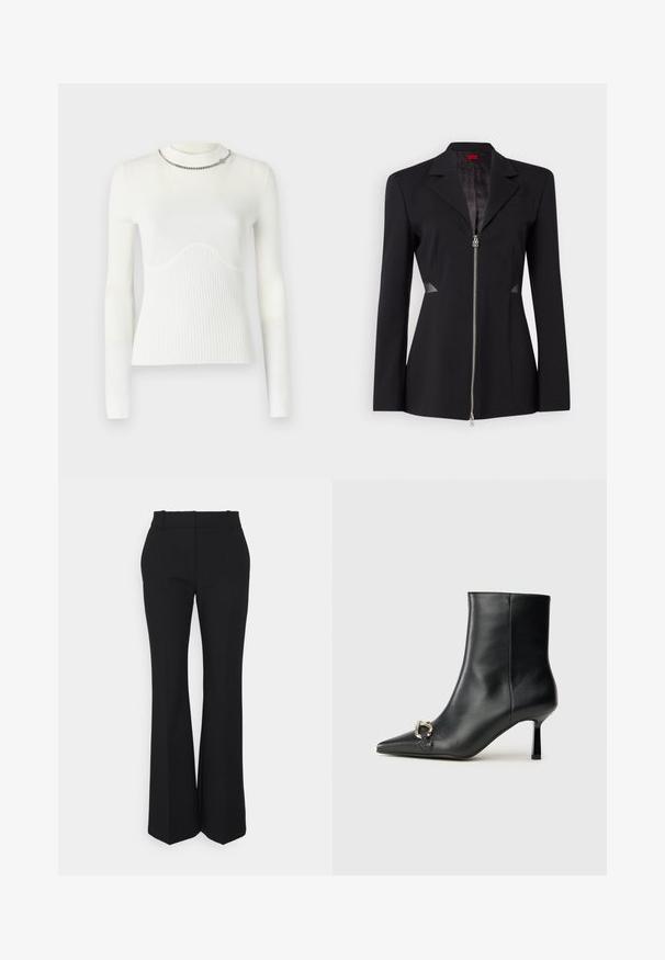 Schwarze Blazer mit scharfem Kragen, Frontreißverschluss, tailliertem Design und seitlichen Mesh-Akzenten. Glattes Material mit einem subtilen Innenmuster.; Weißer Langarmpullover mit gerippter Textur, versehen mit einem Wellenmuster auf der Brust und einem silbernen Kettenakzent am Ausschnitt.; Schwarze plissierte Hose mit geradem Schnitt, aus einem glatten Stoff gefertigt. Sie hat einen hohen Bund und unsichtbare seitliche Taschen.; Schwarze Leder-Stiefelette mit spitzer Zehe, schlankem, mittelhohem Absatz und silberner Schnalle seitlich vor einem schlichten Hintergrund.