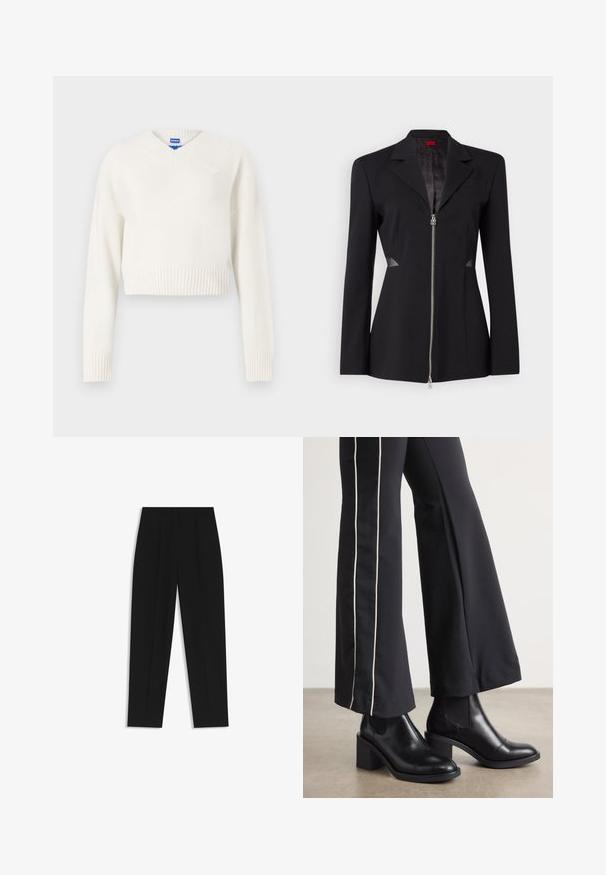 Blazer noir avec un col aiguisé, fermeture éclair sur le devant, design ajusté et accents en maille sur les côtés. Tissu lisse avec un motif intérieur subtil.; Pull court blanc en maille douce. Présente un col en V, un ourlet côtelé et un petit emblème en forme de cœur sur la poitrine gauche.; Pantalon noir à coupe droite, avec des plis doubles, une texture lisse et un design de taille classique. Pas de matériel ou d'accents visibles.; Bottines en cuir Noir avec un talon bloc, dotées de panneaux élastiques sur les côtés. Associées à un pantalon noir avec une rayure blanche sur le côté.