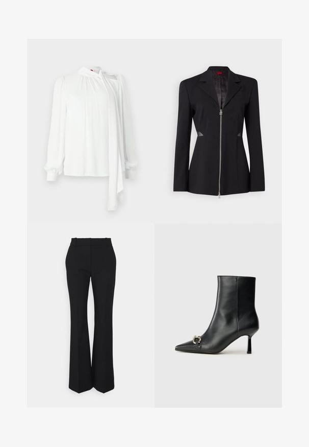 Zwarte blazer met een scherp kraag, voorritssluiting, getailleerd ontwerp en gestreepte mesh zijkanten. Glad stof met een subtiel binnenpatroon.; Witte blouse met lange mouwen, geplooide stof op de schouders, hoge hals met strikdetail, gladde textuur en elastische manchetten.; Zwarte geplooide broek met een recht model, gemaakt van een gladde stof. Heeft een hoge taille en onzichtbare zijzakken.; Zwarte leren enkelboot met spitse neus, slanke middenhoge hak en zilveren gespdetail aan de zijkant op een effen achtergrond.