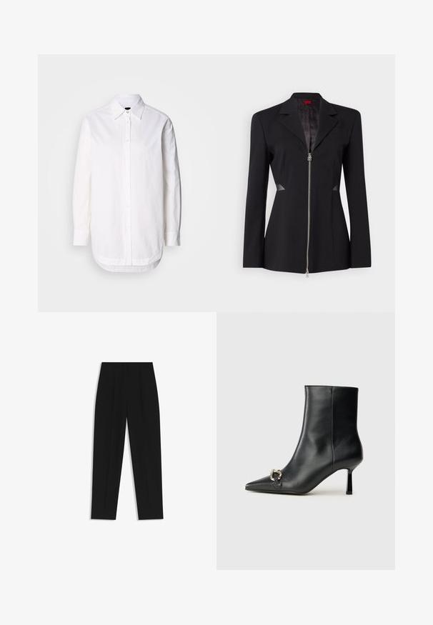 Blazer nero con colletto a punta, zip frontale, design aderente e accenti laterali in rete. Tessuto morbido con un delicato motivo interno.; Camicia bianca con colletto, maniche lunghe e orlo arrotondato. Realizzata in tessuto di cotone con una texture liscia e dettagli di cucitura sottili.; Pantaloni neri a taglio dritto, con doppie pieghe, una texture liscia e un design classico in vita. Nessun hardware o dettaglio visibile.; Stivale alla caviglia in pelle nera con punta affusolata, tacco sottile di media altezza e dettaglio in fibbia argentata sul lato, su sfondo semplice.