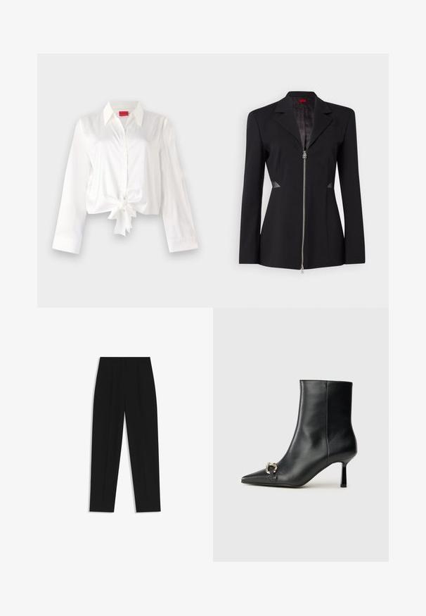 Blazer nero con colletto a punta, zip frontale, design aderente e accenti laterali in rete. Tessuto morbido con un delicato motivo interno.; Camicia a maniche lunghe cropped in tessuto satinato bianco, con dettaglio di fiocco frontale e colletto classico. Texture liscia e design aderente.; Pantaloni neri a taglio dritto, con doppie pieghe, una texture liscia e un design classico in vita. Nessun hardware o dettaglio visibile.; Stivale alla caviglia in pelle nera con punta affusolata, tacco sottile di media altezza e dettaglio in fibbia argentata sul lato, su sfondo semplice.