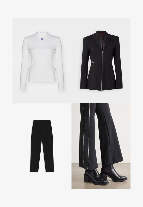 Black blazer with a sharp collar, front zipper, fitted design, and mesh side accents. Smooth fabric with a subtle inner pattern.; White long-sleeve turtleneck top made of stretch fabric, featuring a fitted design and a small blue logo on the chest.; Black trousers with a straight fit, featuring double pleats, a smooth texture, and a classic waistband design. No visible hardware or accents.; Black leather ankle boots with a block heel, featuring elastic side panels. Paired with black pants that have a white side stripe.