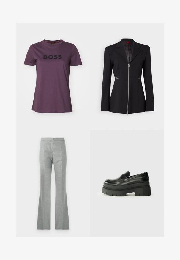 Musta bleiser terava kraega, ees lukuga, kitsas disain ja võrkkatetega külgedel. Sile kangas koos peene sisemise mustriga.; BOSS ELOGO - Trükipildiga T-särk - open purple; Hallitatud hallid flared püksid, millel on vertikaalsed õmblused, valmistatud pehmest ja tekstuurilisest kangast. Omavad sobivat vöökohta ja siledat viimistlust.; Mustad mustrennistest nahast mokad, millel on paks platvormi tald. Ümar varvas, eesmine õmblusdetail ja peened õmblemisaktsendid. Lame, tekstureeritud välistald.