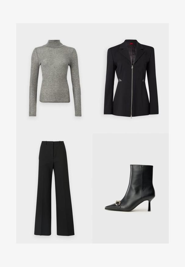 Musta bleiseri terävän kauluksen, etuvetoketjun, istuvan muotoilun ja verkkokankaisia sivuyksityiskohtia. Sujuva kangas, jossa on hienovarainen sisäkuvio.; Samsøe Samsøe DOU - Pitkähihainen paita - grey; Mustat leveälahkeiset housut, joissa on räätälöity muotoilu, hieno rakenne ja huomaamattomat laskokset edessä. Ei näkyvää metallia tai kuvioita.; Musta nahkasaapas nilkkapituisilla, terävillä kärjillä, hoikalla keskipituisella korolla ja hopeavöillä sivussa yksinkertaista taustaa vasten.
