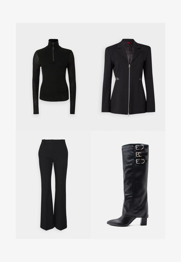Svart blazer med en skarp krage, frontglidelås, innsvingt design og mesh-sideaksenter. Slitesterk stoff med et subtile indre mønster.; Svart tettsittende langermet skjorte med høy krage og halv glidelås foran på ensfarget hvit bakgrunn.; Sorte plisede bukser med rette ben, lavet af et glat stof. Har høj talje og usynlige sidelommer.; Svart knelang støvler laget av glatt kunstlær med spiss tå, med tre sølvspenne detaljer på siden og en kraftig hæl.