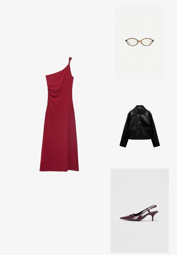 Mango Faux leather jacket - black; One-shoulder, ruched red dress with a flowy silhouette, ideal for formal occasions or evening wear.; Burgundy slingback heels with a pointed toe, glossy leather finish, small cut-out at the front, and a slim stiletto heel with gold accents.; Tortoiseshell eyeglasses with oval lenses and a sleek, smooth finish. Features thin sides with a subtle curve at the temples. Clear lenses.; Red leather handbag with a structured design, featuring a top handle, smooth texture, and a flap closure. Simple and modern shape.