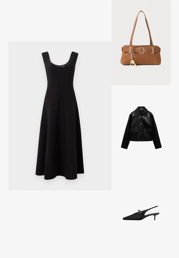 Mango Jakna od umjetne kože - black; Crna haljina s okruglim izrezom, bez rukava i raširenim A-linijskim siluetom. Sadrži vertikalne šavove za dodatnu čvrstoću.; Crne slingback štikle s šiljastim vrhovima, zasebnom mrežastom gornjom površinom, uskim podesivim remenom sa srebrnom kopčom i 5 cm visokim stiklama.; Braon svilen rukavac sa strukturiranim oblikom, srebrnim hardverom, dva ramena remena i dekorativnim privjeskom koji je pričvršćen.