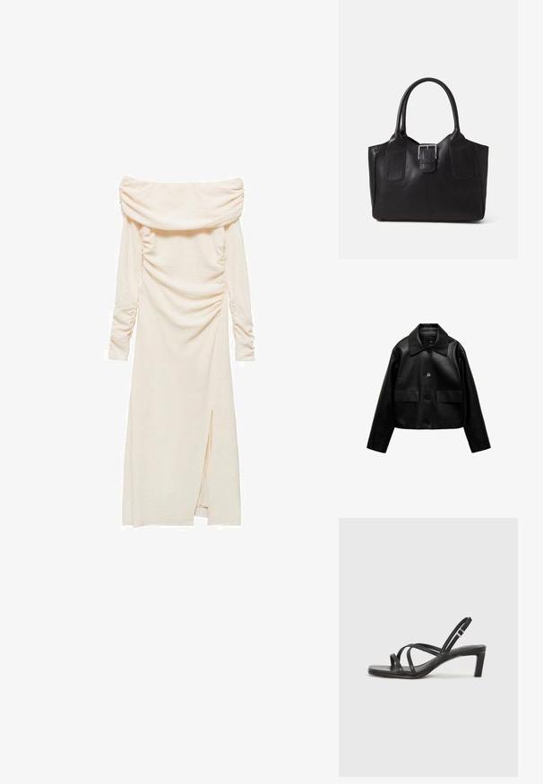 Mango Giacca in similpelle - black; Abito a spalle scoperte con maniche lunghe in tessuto color crema chiaro. Presenta arricciature ai lati e uno spacco alto fino alla coscia sul lato sinistro.; Sandalo nero con cinturini, dalla punta squadrata e tacco basso a blocco. Presenta diversi cinturini sottili e una cinturini regolabile alla caviglia. Realizzato in pelle liscia.; Borsa tote in pelle nera con texture liscia, forma strutturata, due manici e un evidente dettaglio in fibbia argentata sul davanti.