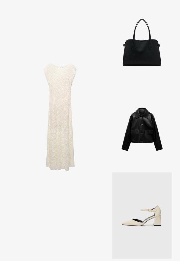 Mango Bunda z nepravej kože - black; Dlhá čipková sukňa v off-white farbe s voľným strihom, krátkymi rukávmi a kvetinovým vzorom. Materiál je polotransparentný s voľným siluetou.; Béžové topánky z imitácie kože na blokovom podpätku s špicatou špičkou, remienkom okolo členka a jemným zdobením v kroko vzore. Čierne vnútorné podšívanie.; Čierna kožená kabelka s dvojitými popruhmi na rameno, obdĺžnikový tvar a minimalistický dizajn na bielom pozadí.
