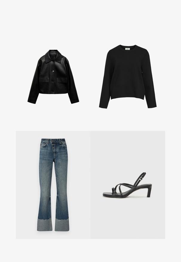 Mango Bunda z nepravej kože - black; Čierny pletený sveter s okrúhlym výstrihom, dlhými rukávmi a voľným strihom. Hladká štruktúra bez viditeľných vzorov alebo akcentov.; Džínsy s rozšírenými nohavicami v strednej modrej farbe s vysokým pásom, piatimi gombíkmi a rozstrapkaným lemom. Obsahujú svetlejší manžet na spodnej časti a vyblednutú textúru.; Čierne sandále na vysokom podpätku so štvorcovou špičkou a nízkym blokovým podpätkom. Obsahujú viacero tenkých popruhov a nastaviteľný členkový popruh. Vyrobené z hladkej kože.