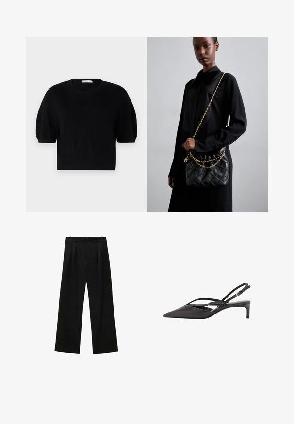 Mango Jachetă din imitație de piele - black; pure cashmere PUFF SHORTSLEEVE - Pulover - black; Pantaloni negri cu picioare largi și pliseuri, având o textură netedă și un design cu talie înaltă. Stil minimalist, fără accesorii sau detalii vizibile.; Pantofii slingback din piele neagră au vârful ascuțit, bretele subțiri la glezne și un toc stiletto redus. Textură netedă cu un design minimalist.; Geantă de mână din piele quinoa neagră, cu vârf adunat, curea din lanț auriu și formă rectangulară, ținută pe un fundal simplu.