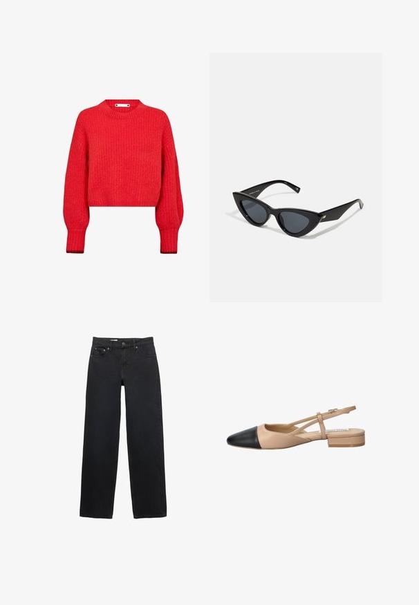 Mango Keinonahkatakki - black; Punainen lyhyt neule, jossa on ribbikuvio, pitkät hihat ja pyöreä kaula-aukko. Kaula-aukossa on koristeellinen metallikoriste.; Mustat leveät farkut denimistä, joissa on viisi taskua, nappikiinnitys, hillitty ompelu ja suora leikkaus vyötäröstä helmaan.; Beige ja must kahetooniline nailonking, millel on terav nina, lame kand ja risti minev rihma detail. Sile nahk.; Kissansilmälasit, joissa on kiiltävä musta muovikehys, tummat linssit ja kultaiset yksityiskohdat temppeleissä. Kulmikas muotoilu tyylikkäillä viivoilla.; Mustat nahkaa oleva käsilaukku, jossa on teksturoitu pinta, kaksi yläkahvaa, irrotettava olkahihna ja hopeinen solk yksityiskohta.