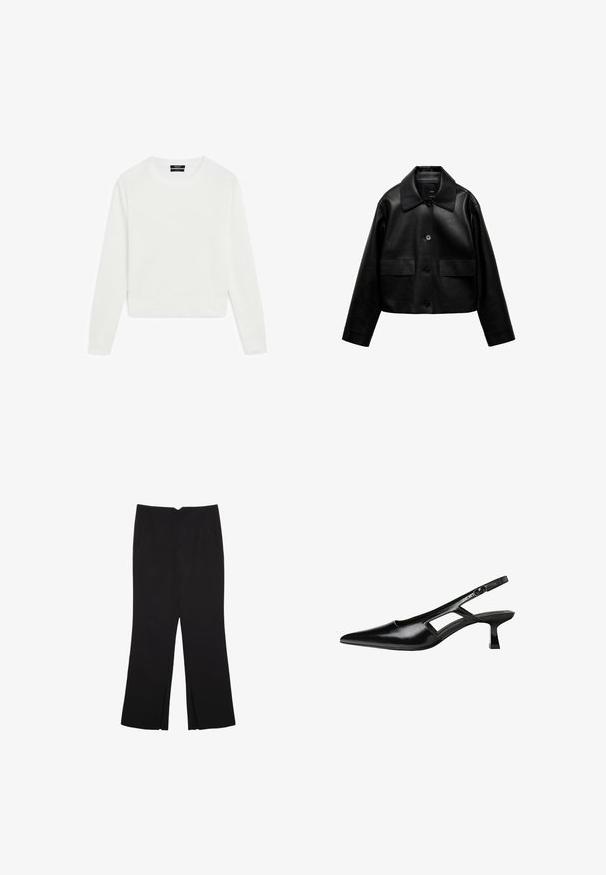 Mango Kunstlederjacke - black; Weißer Pullover mit langen Ärmeln, cropped Design, weicher Stoff, runder Halsausschnitt, gerippte Bündchen und Saum, minimalistischer Stil ohne sichtbare Muster oder Beschläge.; Schwarze Hose mit geradem Schnitt, ausgestattet mit Fronttaschen und Seitenschlitzen am Saum. Hergestellt aus weichem, glattem Stoff. Geeignet für verschiedene Anlässe.; Schwarze Lackleder-Slingback-High Heels mit spitzer Zehenform, ausgeschnittenem Seitendesign und kleinem Blockabsatz. Glatte Textur mit minimalen Akzenten.