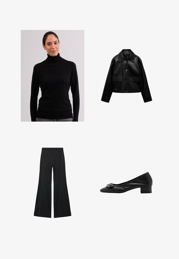 Mango Keinonahkatakki - black; CASH-MERE CASH-MERE ROLLKRAGEN PULLOVER - Neule - schwarz; Mustat leveälahkeiset housut, joissa on sileä pinta, etupuolella laskokset ja muotolaskettu malli. Kangas on kevyttä ja laskeutuvaa.; Musta nahkakengät, joissa on terävä kärki, pieni loivasti nouseva korko ja koristeelliset soljet päällä. Sileä pinta ja yksinkertainen muotoilu.