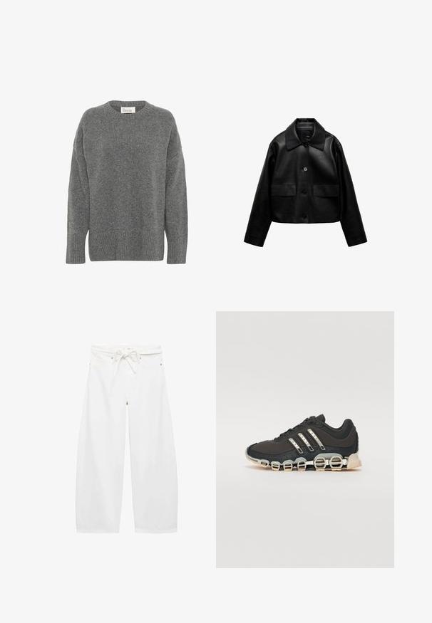 Mango Giacca in similpelle - black; My Essential Wardrobe COPENHAGEN - Maglione - dark grey melange; Pantaloni bianchi a gamba larga realizzati in tessuto leggero, con vita regolabile con cordino, due tasche frontali e semplici dettagli in metallo.; Scarpa da ginnastica nera con tomaia testurizzata, tre strisce argentate e una suola ammortizzata distintiva con più sezioni integrate.