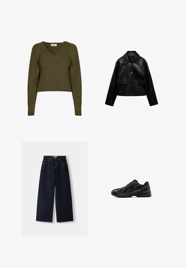 Mango Jachetă din imitație de piele - black; Pullover tricotat, verde măsliniu, scurt, cu decolteu în V și mâneci lungi. Prezintă o textură cadrilată și fante laterale pentru o potrivire relaxată.; Jeans wide-leg din denim albastru închis, cu talie înaltă, cinci buzunare, cusături în contrast și elemente metalice argintii. Textură netedă și finisaj curat.; Pantofi sport negri cu un exterior din plasă și supraposerii sintetice, având o talpă texturată și accente reflectorizante pentru vizibilitate.