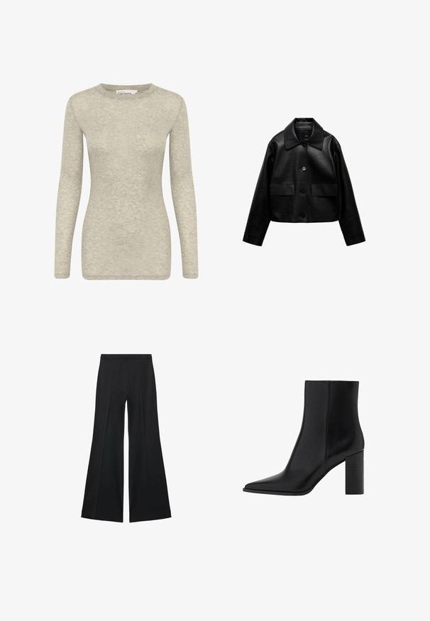 Mango Imiteret læderjakke - black; Langærmet top i lys grå, lavet af blødt, tekstureret stof. Har en rund halsudskæring og en tætsiddende silhuet. Enkel og alsidig design.; Sorte brede bukser med en glat tekstur, der har fremadrettede folder og en skræddersyet design. Stofferne er lette og flerdimensionelle.; Sorte læder ankelstøvler med spidse tæer, firkantet hæl, glat tekstur og syningsdetaljer langs sømmene. Hælene måler cirka 9 cm.