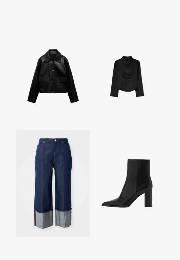 Mango Bunda z umělé kůže - black; Černá košile s dlouhým rukávem vyrobená z hladké látky, zahrnující špičatý límec, přední zapínání na knoflíky a zkrácený lem se bočními rozparky.; Tmavě modré široké džíny s ohrnutými manžetami, které ukazují světlejší džínovinu uvnitř, s předním knoflíkem a kapsami na bílém pozadí.; Černé kožené kotníkové boty s špičatou špičkou, čtveratým podpatkem, hladkou texturou a švy podél spojů. Výška podpatku je přibližně 8,9 centimetrů.
