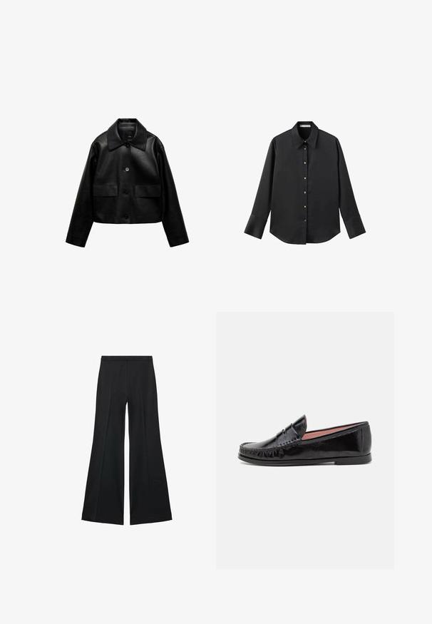 Mango Bunda z nepravej kože - black; Čierna dlhá rukávová košeľa z hladkého materiálu, s klasickým golierom, predným zapínaním na gombíky so zlatými gombíkmi a širokými manžetami.; Čierne široké nohavice s hladkou textúrou, s prednými záhybmi a elegantným strihom. Materiál je ľahký a pruhlý.; Čierne lakované kožené mokasíny s okrúhlou špičkou, dekoratívnym šitím na vrchu a nízkou plochou gumovou podrážkou.