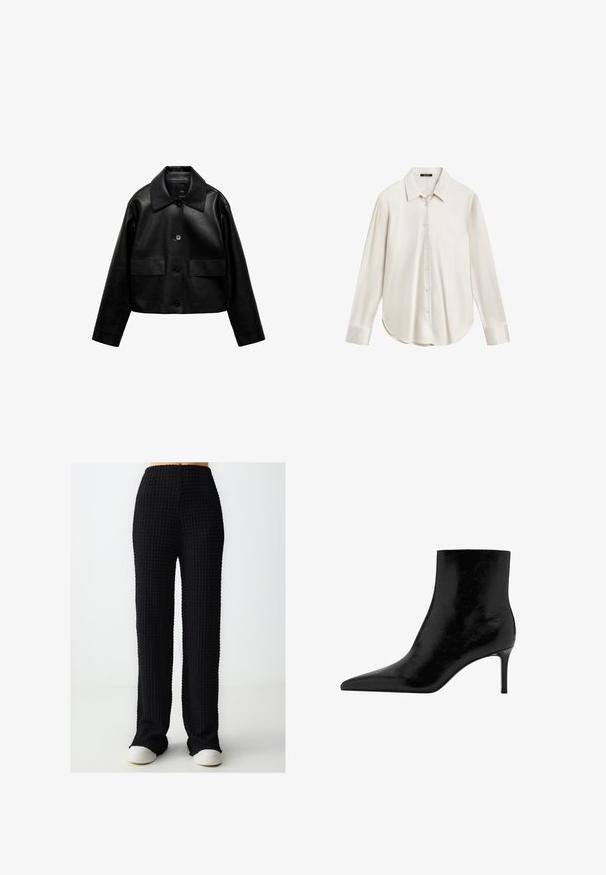 Mango Faux leather jacket - black; White long-sleeve shirt made of smooth fabric, featuring a classic collar, button front, and curved hem. Simple design with no patterns.; Black, textured, wide-leg pants with a high waist and elastic waistband. Fabric features a grid-like pattern. Styled with white sneakers.; Black ankle boot with a pointed toe design, made of glossy leather. Features a stiletto heel and smooth texture. No visible embellishments.