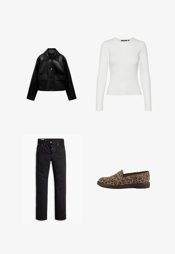 Mango Faux leather jacket - black; White long-sleeve shirt made of ribbed fabric, featuring a round neckline and fitted design. No patterns or accents visible.; Black denim jeans with a straight cut, five-pocket design, and a button-fly closure. Features copper rivets and stitching accents.; Leopard print slip-on shoes with a flat sole, featuring a smooth, textured surface and a rounded toe design.