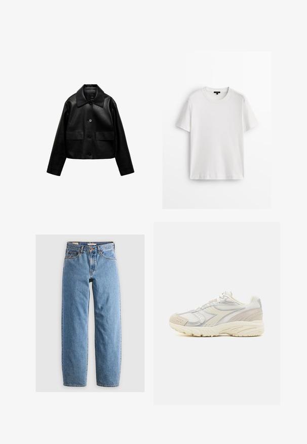 Mango Giacca in similpelle - black; T-shirt bianca in cotone con maniche corte, scollatura a girocollo e vestibilità rilassata. Texture liscia e design semplice, senza motivi o dettagli.; Jeans in denim azzurro chiaro con design a gamba dritta, cinque tasche, zip frontale e una leggera texture scolorita. Stile classico con hardware minimale.; Scarpe sportive bianche realizzate con un mix di materiali in rete e suede, caratterizzate da accenti grigio chiaro, dettagli testurizzati e una sottile suola bicolore.