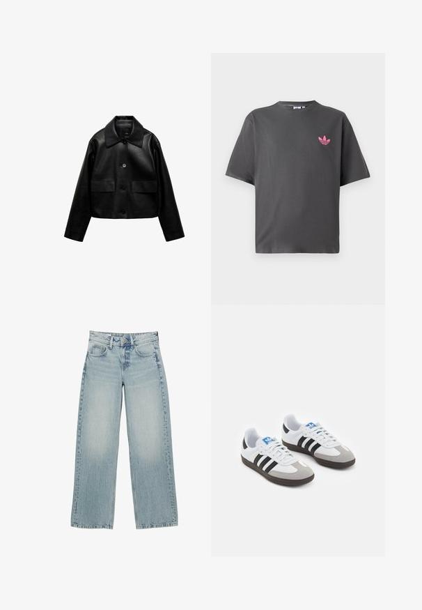 Mango Jakna iz umetnega usnja - black; Temno siva kratka majica s kratkimi rokavi z majhnim roza Adidasovim tristranim logotipom na levem prsnem delu, prikazana na beli podlagi.; Svetlo modri raztegljivi wide-leg jeans z visokim pasom, ki imajo pet žepov, zategovanje na gumb in subtilno zbladenost za učinek obrabljenosti.; Športni čevlji z belim usnjenim zgornjim delom, sivim semišem na prstih in tremi črnimi črtami. Imajo modro logo na jeziku in teksturiran gumijast podplat.