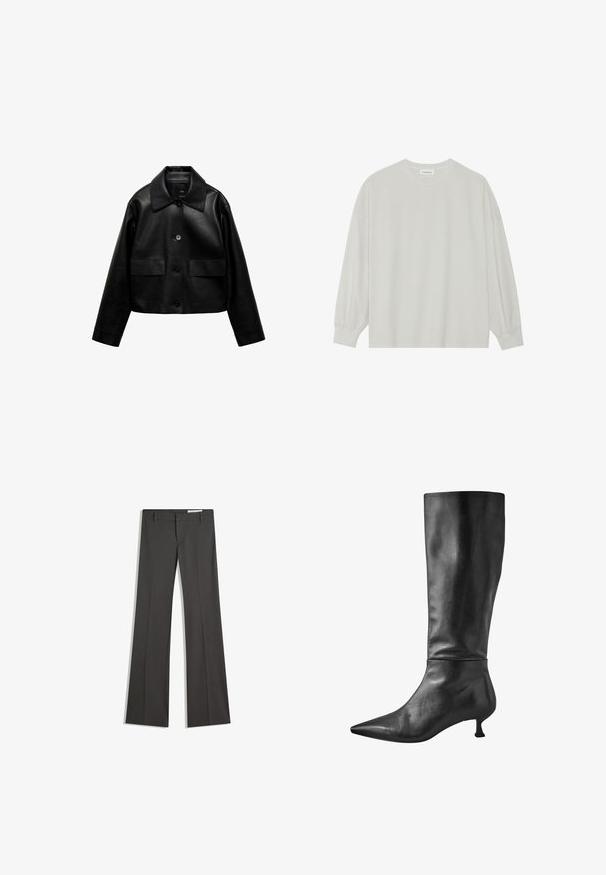 Mango Kunstlederjacke - black; Helles graues Langarm-T-Shirt aus weicher Baumwolle. Mit lockerer Passform, Rundhalsausschnitt und sanft gerafften Bündchen. Keine Muster oder Grafiken.; Graue weit ausgestellte Hosen aus einem glatten Stoff, mit flachem Frontbereich, Gürtelschlaufen und einem maßgeschneiderten Design mit klaren Linien.; Schwarze Lederstiefel bis zum Knie mit spitzer Zehe und kleinem Blockabsatz, die eine glatte Textur und eine elegante Silhouette aufweisen.