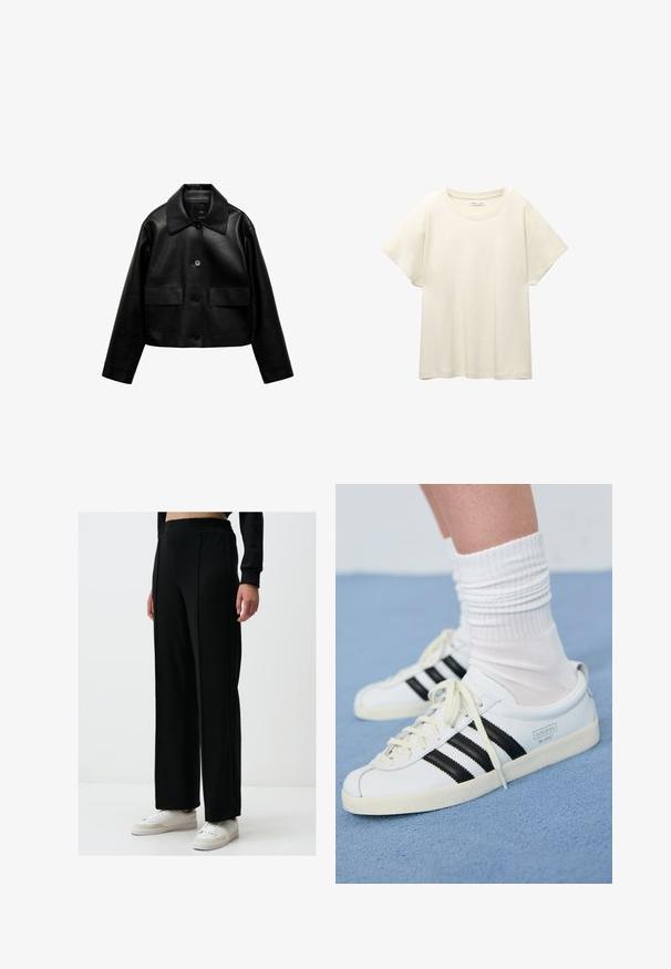 Mango Imitatieleren jas - black; Lichtbeige t-shirt met korte mouwen en een ronde halslijn, gemaakt van zachte, gladde stof. Heeft een ontspannen pasvorm en een rechte zoom.; Zwarte wijde broek met een elastische tailleband, gemaakt van een gladde stof; gecombineerd met witte sneakers met subtiele accenten.; Witte leren sneakers met zwarte strepen, crèmekleurige zool en lichtkleurige veters. Draag met witte geribbelde sokken, gepositioneerd op een blauwe achtergrond.